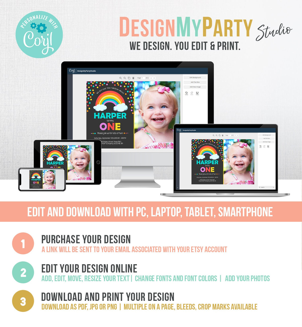 Editable Rainbow Birthday Invitation Kids Girl Boy Neutral Party Clouds Colorful Rainbow Colors Printable Corjl Template Digital 0106