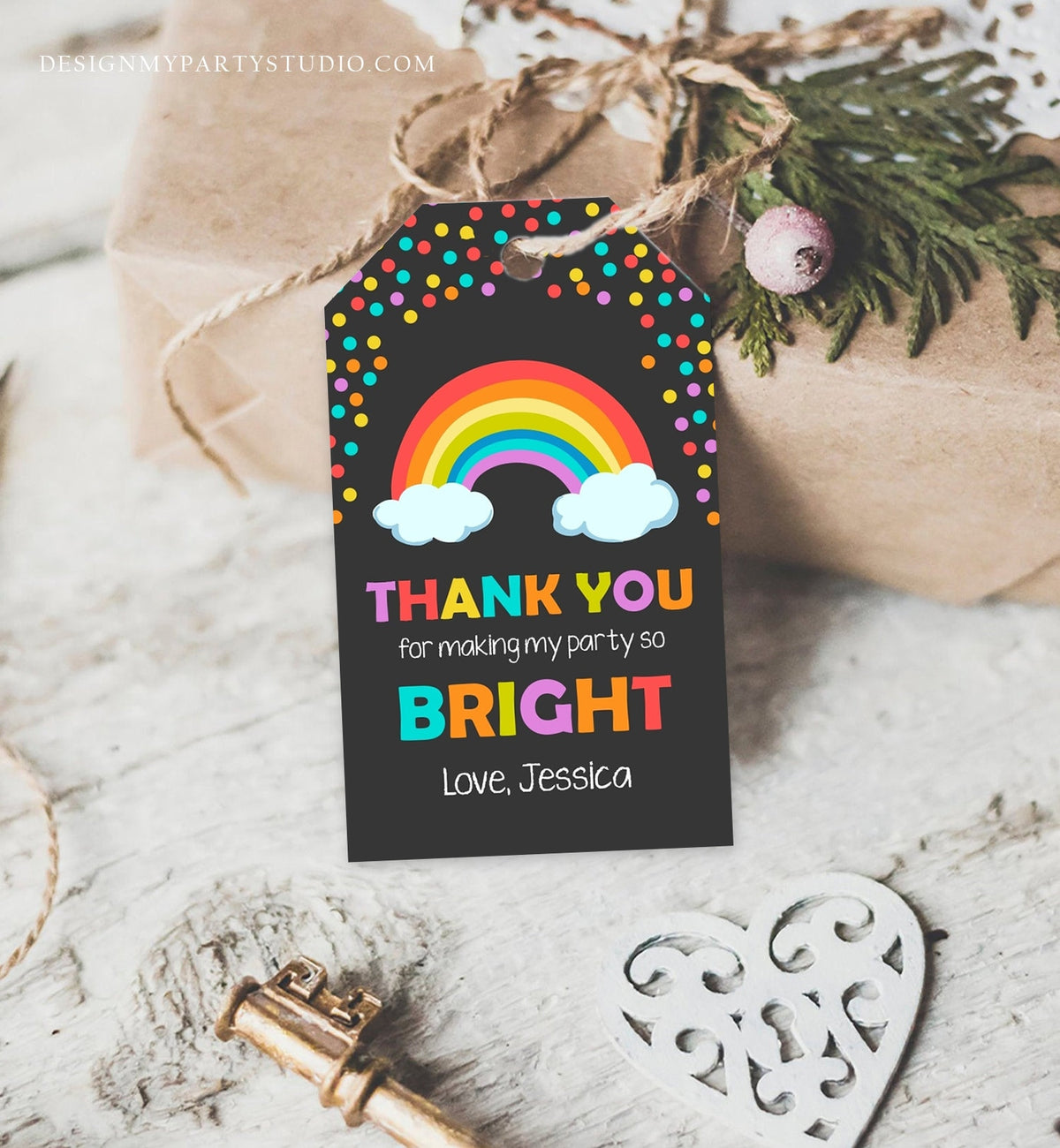 Editable Rainbow Favor Tags Rainbow Birthday Thank you tags Colorful Birthday Gift tags Rainbow Confetti Template PRINTABLE Corjl 0106