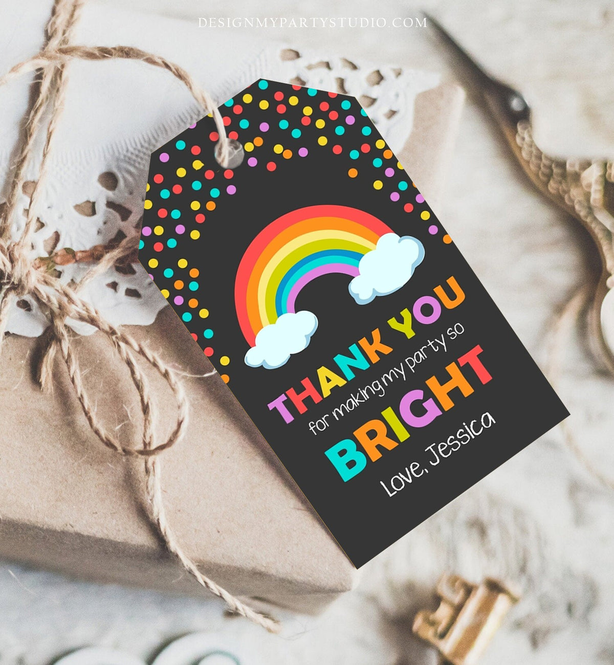 Editable Rainbow Favor Tags Rainbow Birthday Thank you tags Colorful Birthday Gift tags Rainbow Confetti Template PRINTABLE Corjl 0106