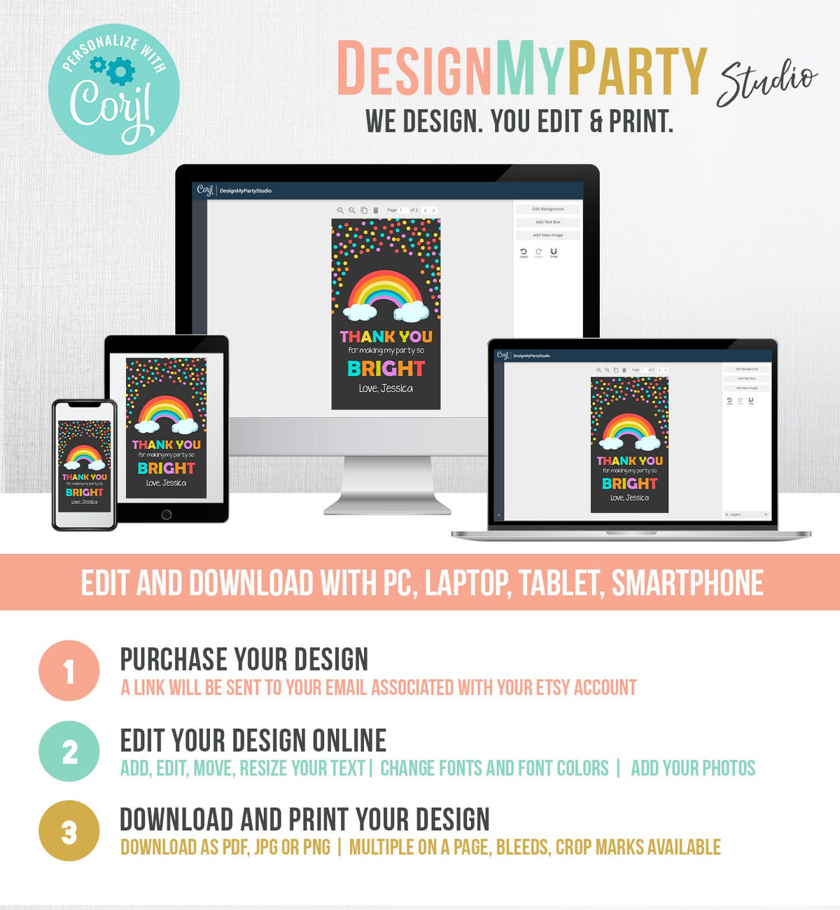 Editable Rainbow Favor Tags Rainbow Birthday Thank you tags Colorful Birthday Gift tags Rainbow Confetti Template PRINTABLE Corjl 0106