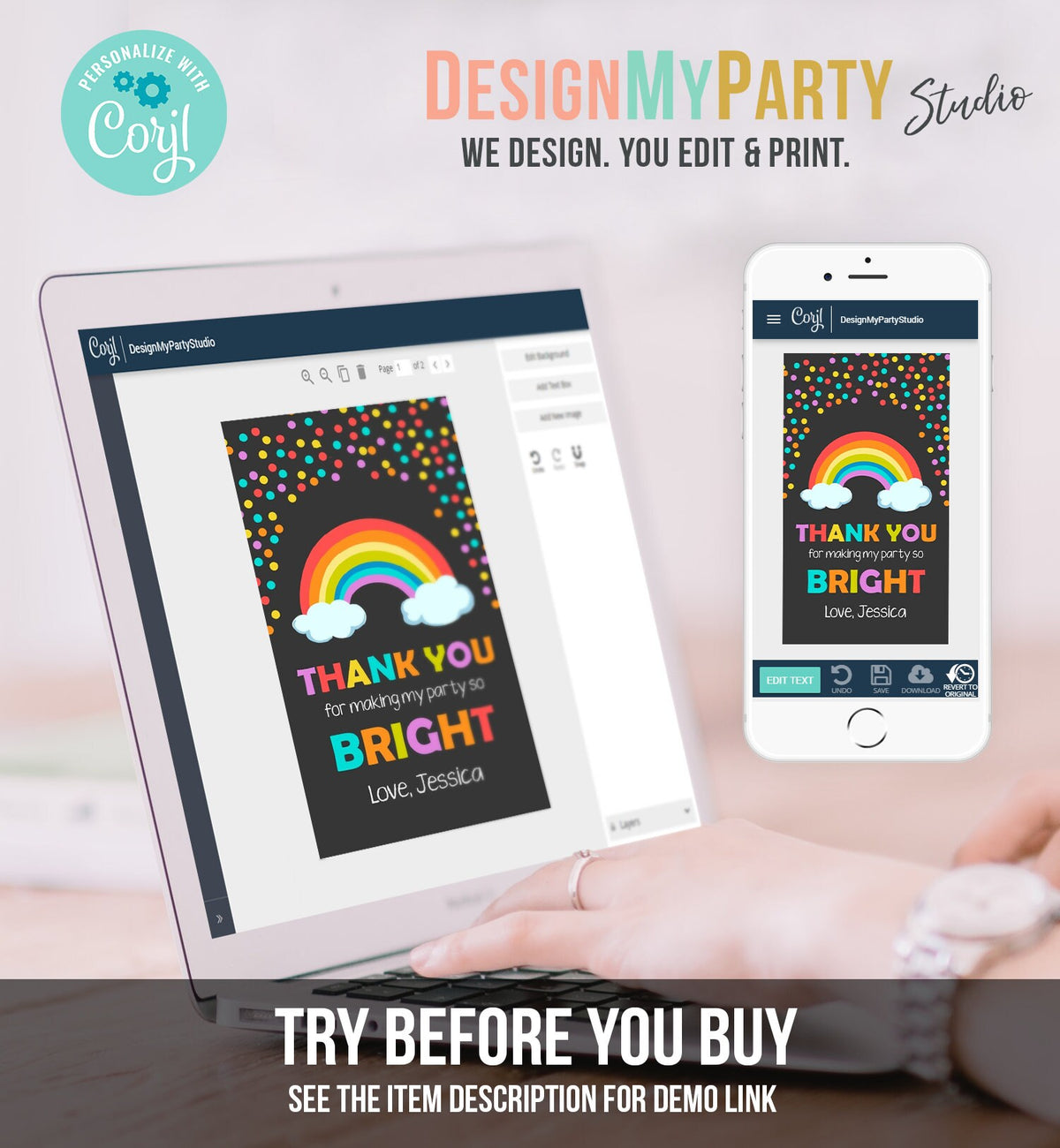 Editable Rainbow Favor Tags Rainbow Birthday Thank you tags Colorful Birthday Gift tags Rainbow Confetti Template PRINTABLE Corjl 0106