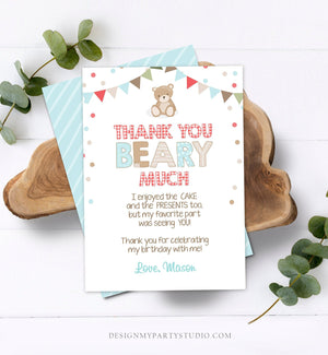 Editable Thank You Card Teddy Bear Birthday Picnic Beary Much Boy Blue Woodland Download Printable Thank You Template Digital Corjl 0100