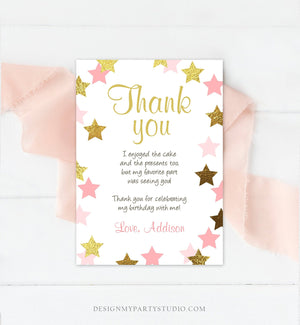 Editable Thank You Card Stars Thank you Note Twinkle Little Star Birthday Girl Pink and Gold Download Printable Template Corjl Digital 0082