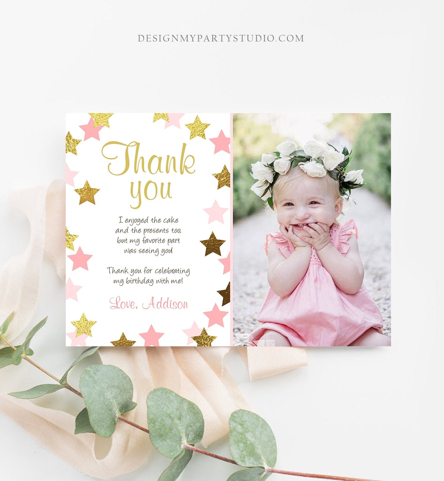 Editable Thank You Card Stars Thank you Note Twinkle Little Star Birthday Girl Pink and Gold Download Printable Template Corjl Digital 0082