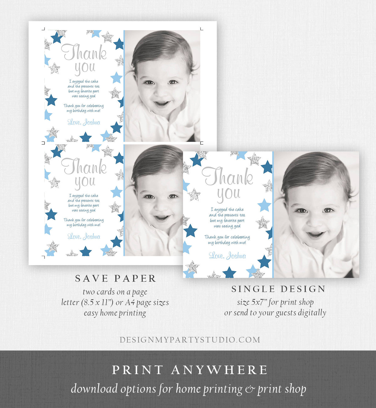 Editable Thank You Card Stars Thank you Note Twinkle Little Star Birthday Boy Blue and Silver Download Printable Template Corjl Digital 0082