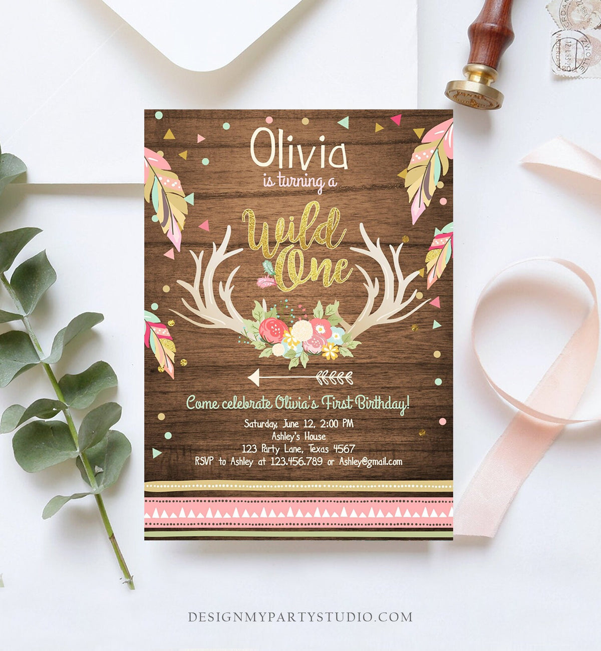 Editable Birthday Invitation Wild One Girl Antler Tribal Arrow Feathers First Birthday Wood Pink Gold Download Printable Template Corjl 0073