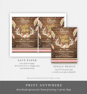 Editable Birthday Invitation Wild One Girl Antler Tribal Arrow Feathers First Birthday Wood Pink Gold Download Printable Template Corjl 0073