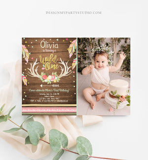 Editable Birthday Invitation Wild One Girl Antler Tribal Arrow Feathers First Birthday Wood Pink Gold Download Printable Template Corjl 0073