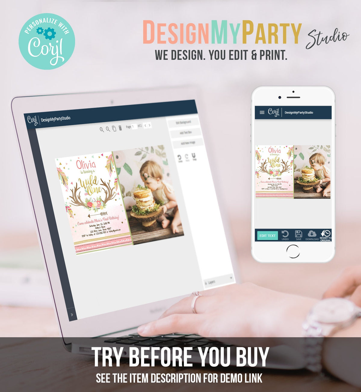 Editable Birthday Invitation Wild One Girl Antler Tribal Arrow Feathers First Birthday Pink Gold Download Printable Template Corjl 0073