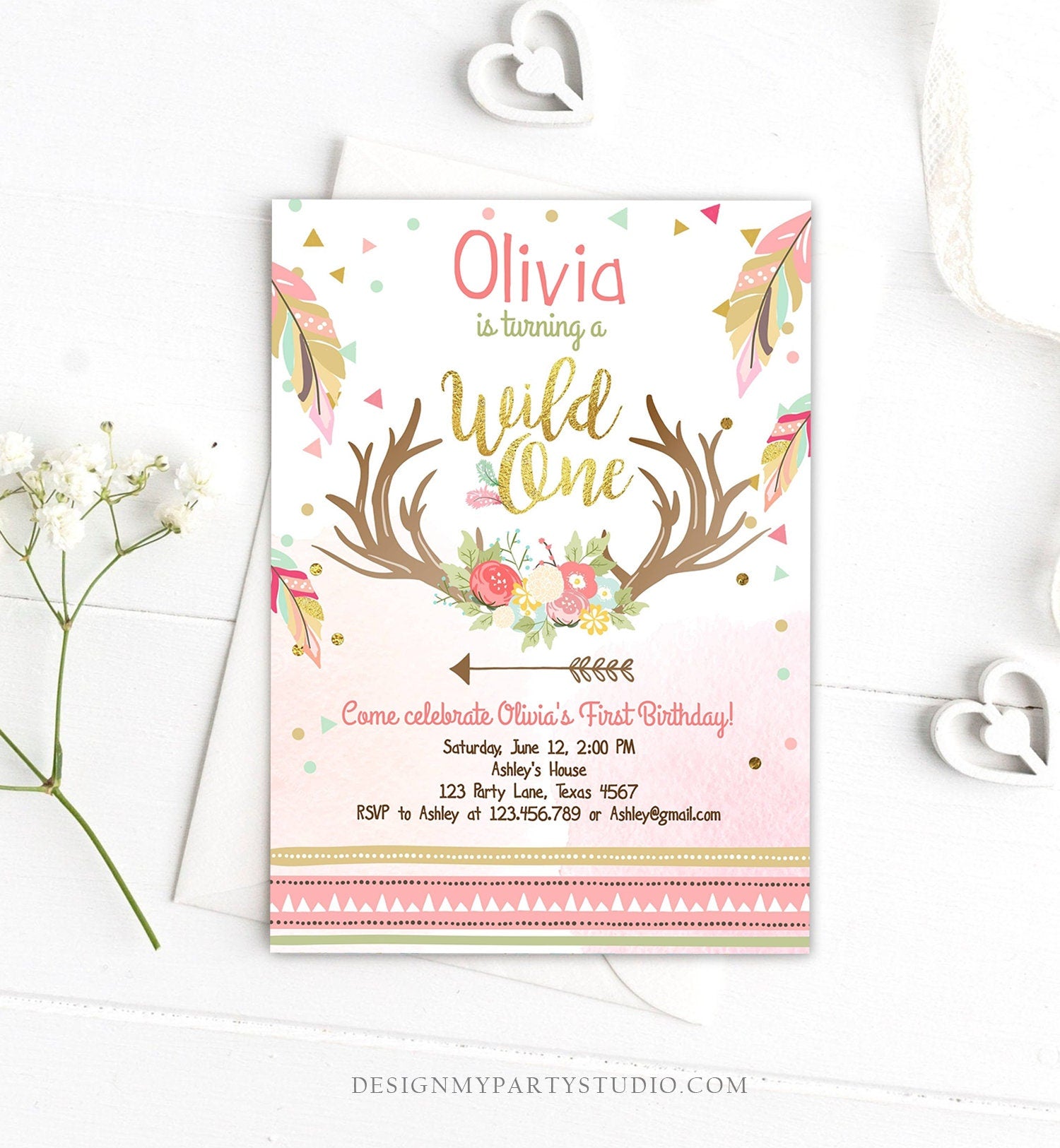 Editable Birthday Invitation Wild One Girl Antler Tribal Arrow Feathers First Birthday Pink Gold Download Printable Template Corjl 0073