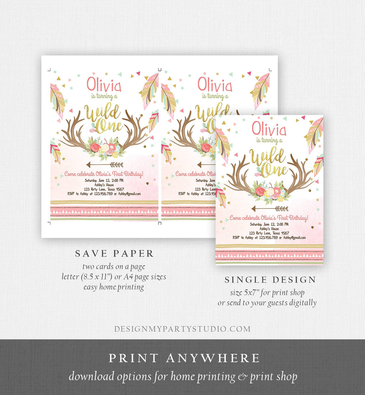Editable Birthday Invitation Wild One Girl Antler Tribal Arrow Feathers First Birthday Pink Gold Download Printable Template Corjl 0073