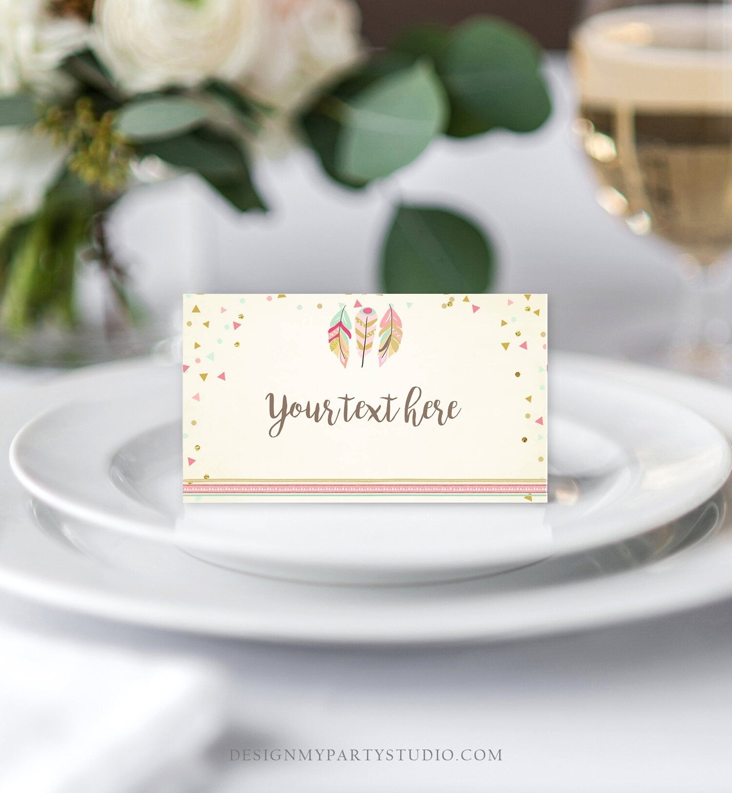 Editable Food Labels Feathers Wild One Place Card Birthday Tent Card Name Card Tribal Pink and Gold Girl Printable Template Corjl 0073