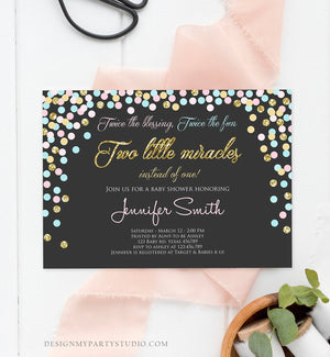 Editable Twins Baby Shower Invitation Twin Girls Blush Pink and Blue Gold Confetti Boy Girl Shower Invite Template Download Corjl 0133