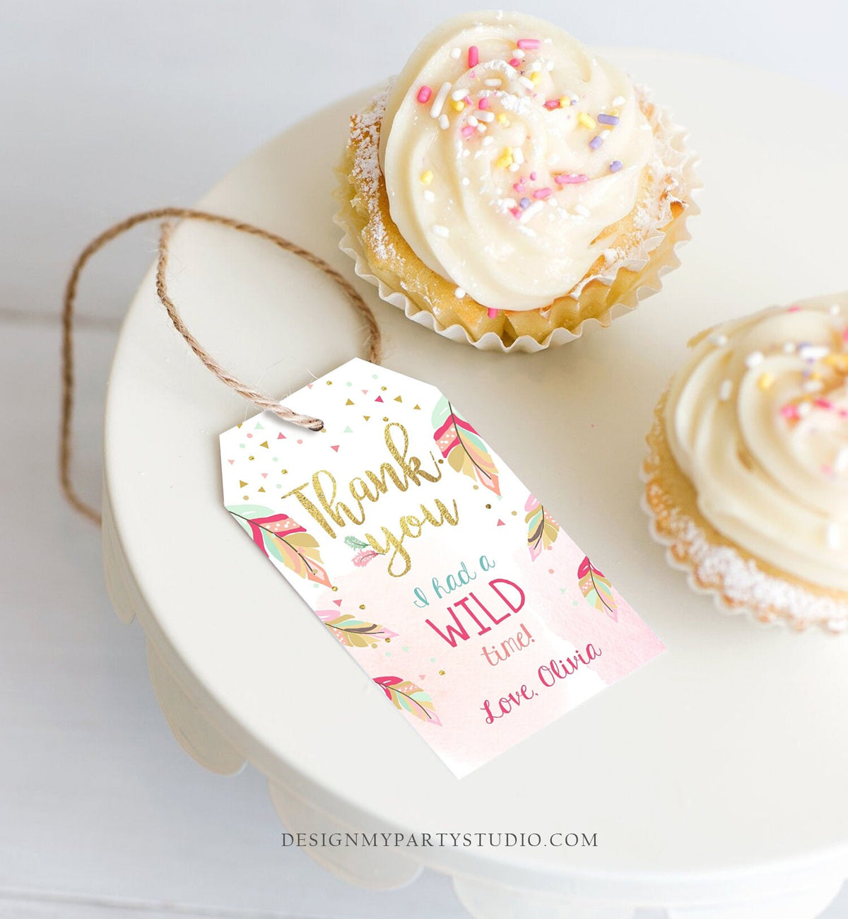 Editable Wild One Favor tags Wild and Three Birthday Thank you tags Label Feathers Gift tags Pink Gold Girl Template PRINTABLE Corjl 0038