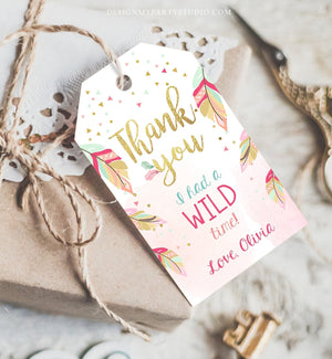Editable Wild One Favor tags Wild and Three Birthday Thank you tags Label Feathers Gift tags Pink Gold Girl Template PRINTABLE Corjl 0038