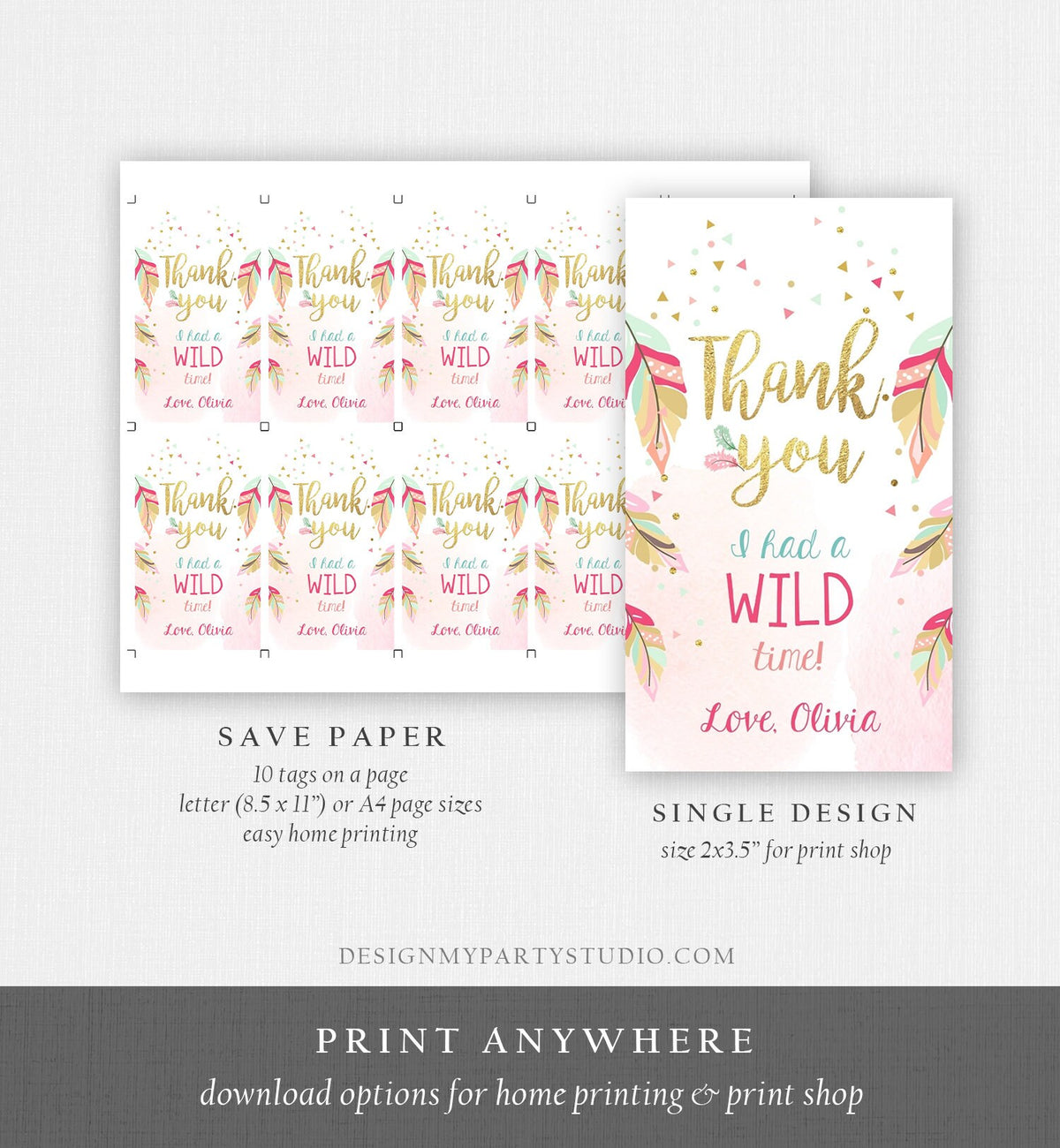 Editable Wild One Favor tags Wild and Three Birthday Thank you tags Label Feathers Gift tags Pink Gold Girl Template PRINTABLE Corjl 0038