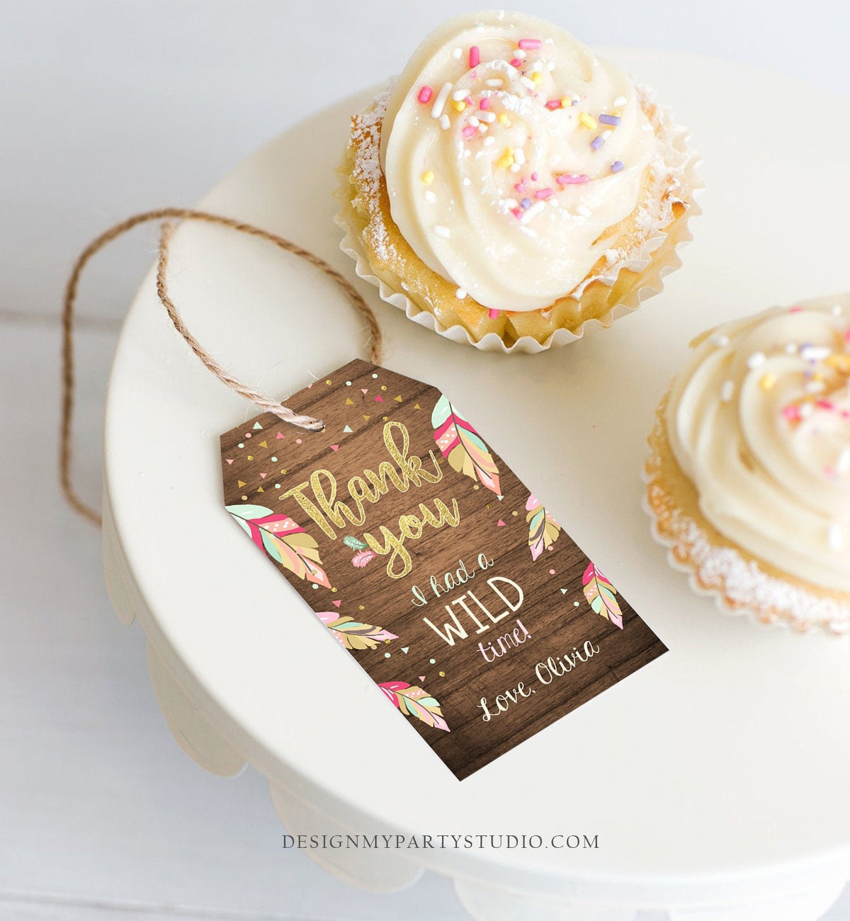 Editable Wild One Favor tags Wild and Three birthday Thank you tags Label Feathers Gift tags Pink Gold Girl Template PRINTABLE Corjl 0038
