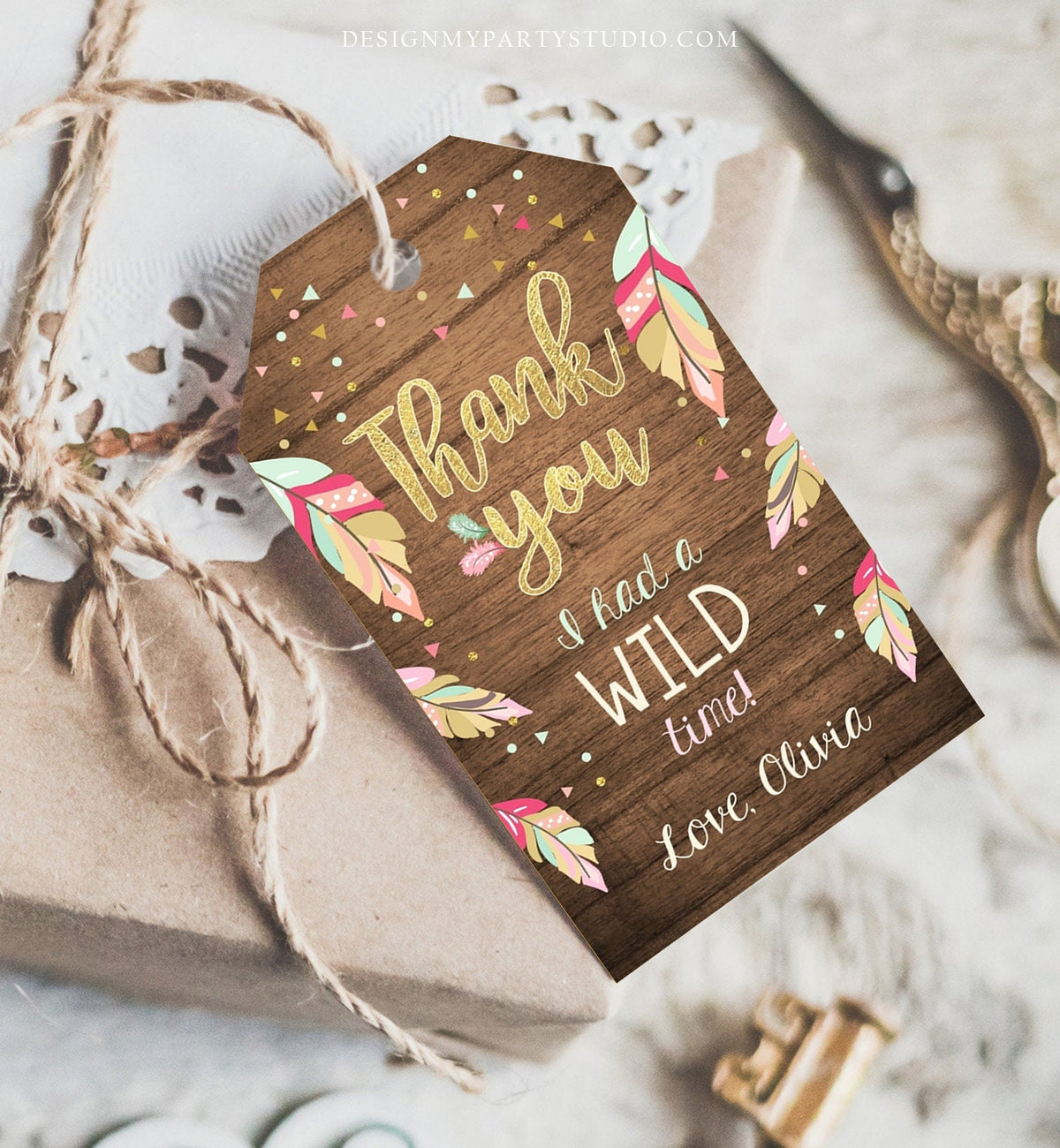 Editable Wild One Favor tags Wild and Three birthday Thank you tags Label Feathers Gift tags Pink Gold Girl Template PRINTABLE Corjl 0038