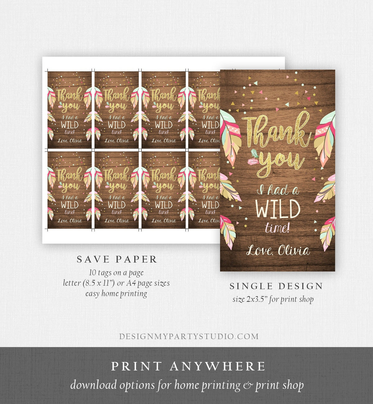 Editable Wild One Favor tags Wild and Three birthday Thank you tags Label Feathers Gift tags Pink Gold Girl Template PRINTABLE Corjl 0038