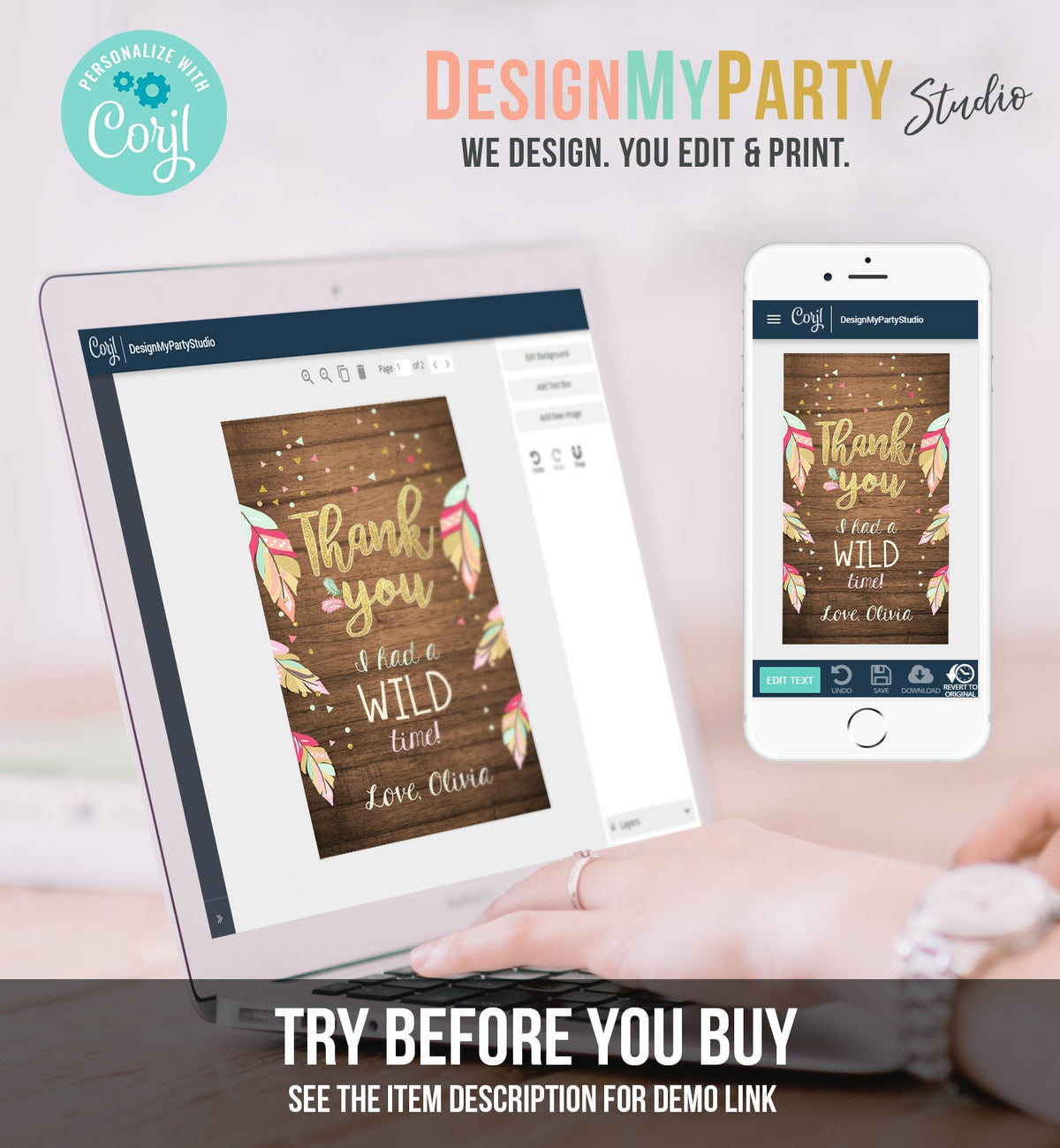 Editable Wild One Favor tags Wild and Three birthday Thank you tags Label Feathers Gift tags Pink Gold Girl Template PRINTABLE Corjl 0038