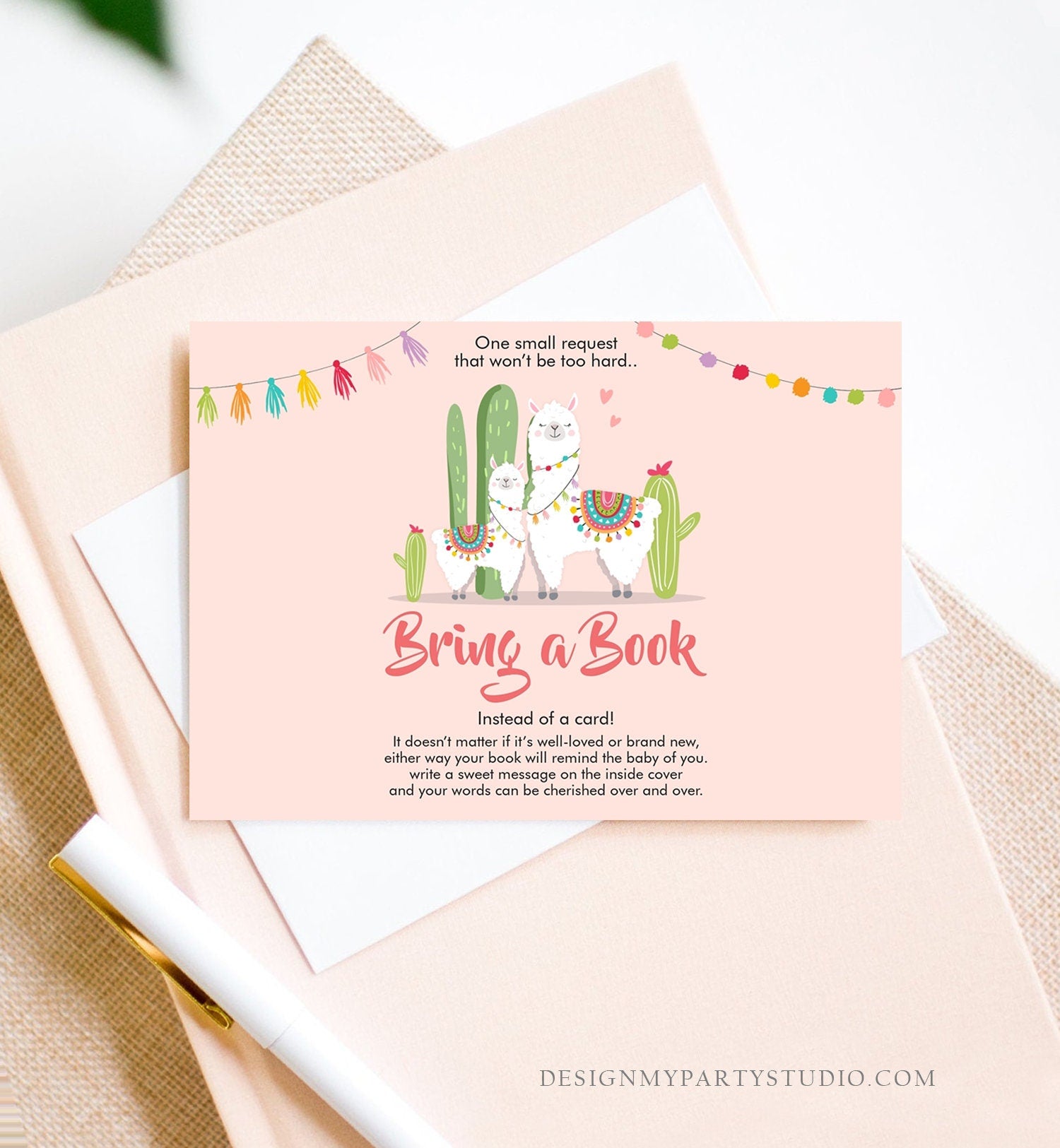 Editable Bring a Book Card Llama Girl Baby shower Book insert Books for baby Book Request Fiesta Cactus Pink Template PRINTABLE Corjl 0079