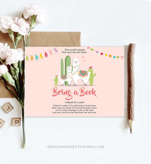Editable Bring a Book Card Llama Girl Baby shower Book insert Books for baby Book Request Fiesta Cactus Pink Template PRINTABLE Corjl 0079