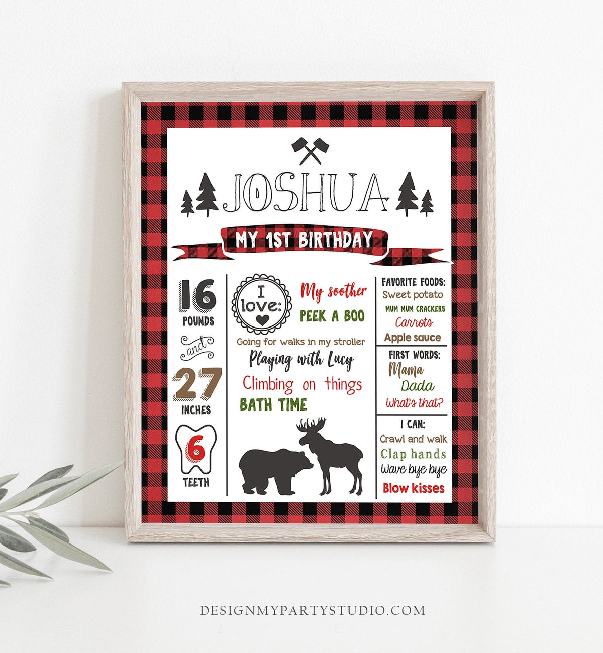 Editable Lumberjack Birthday Milestones Sign Lumberjack Birthday Chalkboard Plaid 1st Birthday Bear Moose Template Printable Corjl 0377