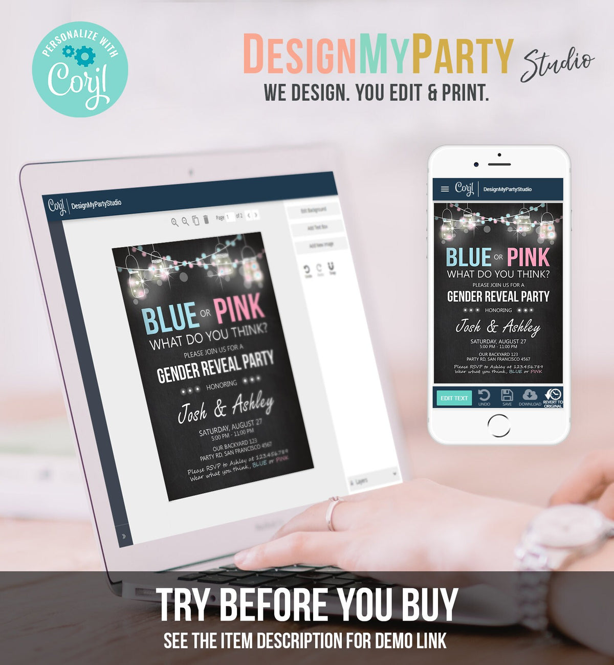 Editable Gender Reveal Invitation Baby Shower Boy or Girl Pink or Blue He She Chalk Rustic Template Instant Download Digital Corjl