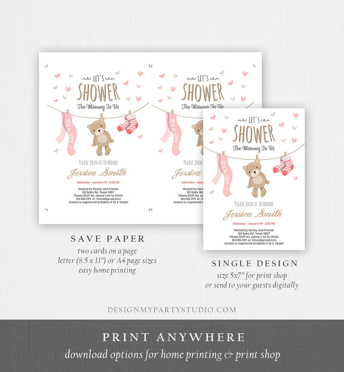 Editable Baby Shower Invitation Teddy Bear Cute Baby Girl Pink Bear Little Cub It&#39;s a Girl Invite Template Instant Download Corjl 0025