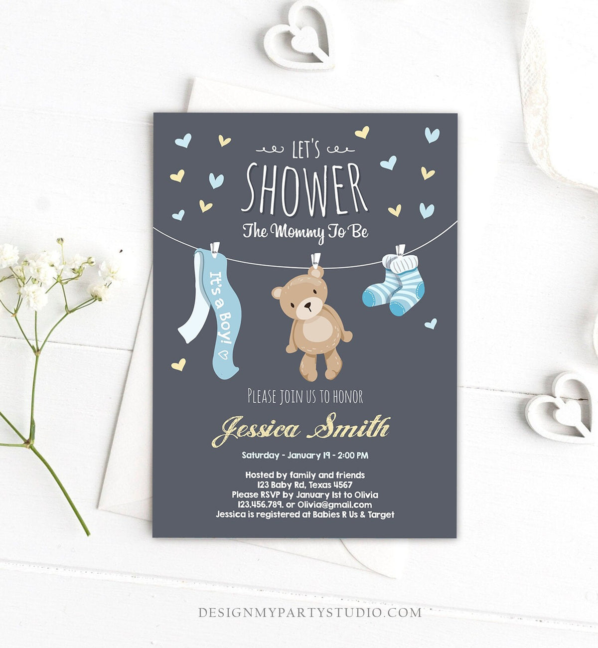 Editable Baby Shower Invitation Teddy Bear Cute baby Boy Blue Bear Little Cub Invitation Template Instant Download Digital Corjl 0025