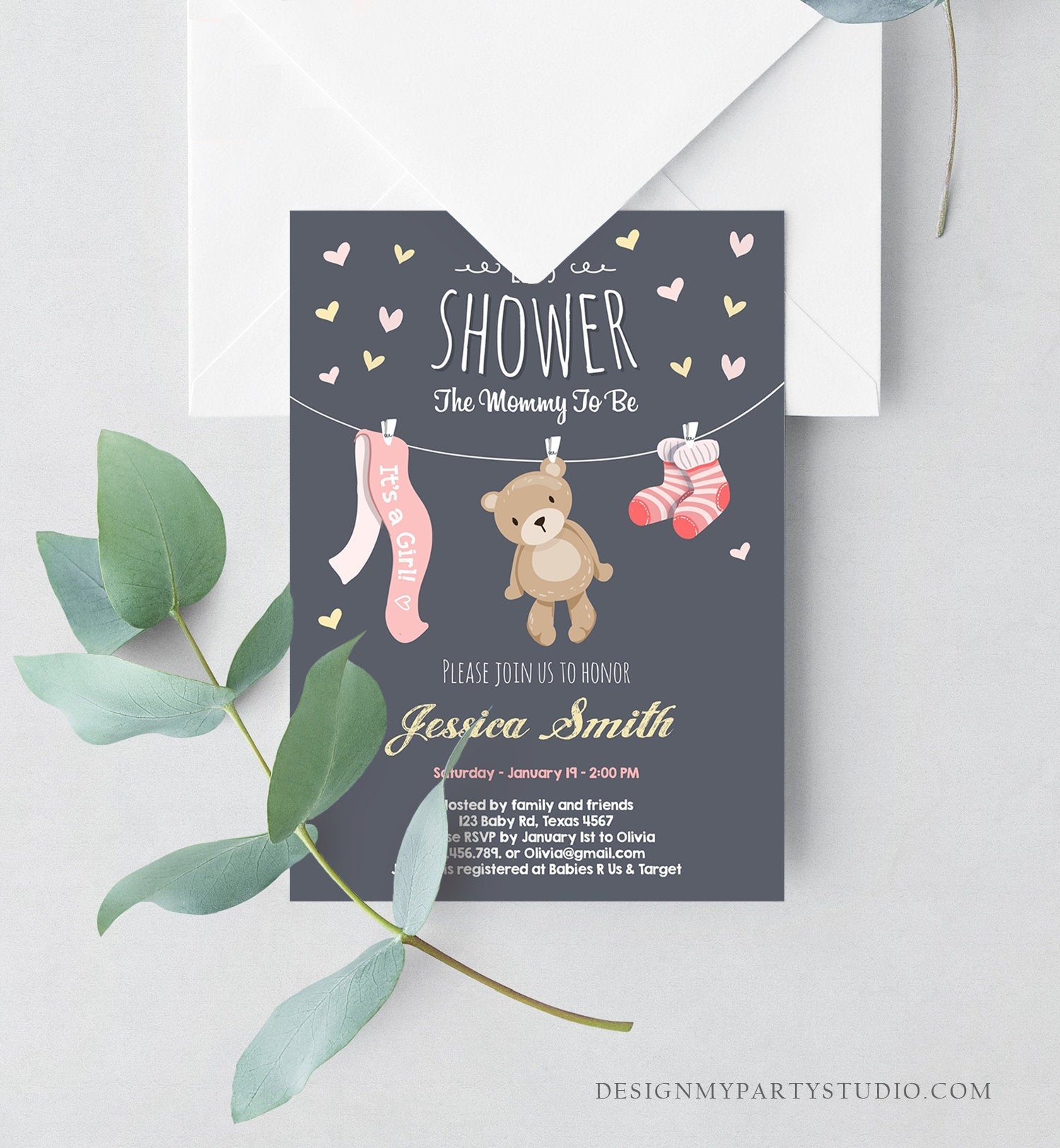 Editable Baby Shower Invitation Girl Pink Teddy Bear Cute Bear Little Cub Clothes Invitation Woodland Template Instant Download Corjl 0025