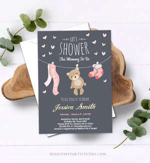 Editable Baby Shower Invitation Girl Pink Teddy Bear Cute Bear Little Cub Clothes Invitation Woodland Template Instant Download Corjl 0025