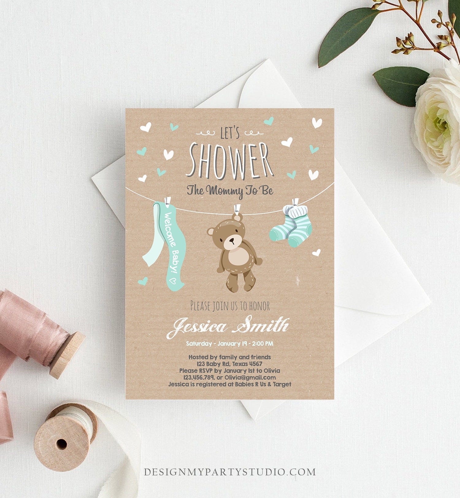 Editable Baby Shower Invitation Teddy Bear Cute Mint Green Tiffany Bear Little Cub Invitation Gender Neutral Template Download Corjl 0025