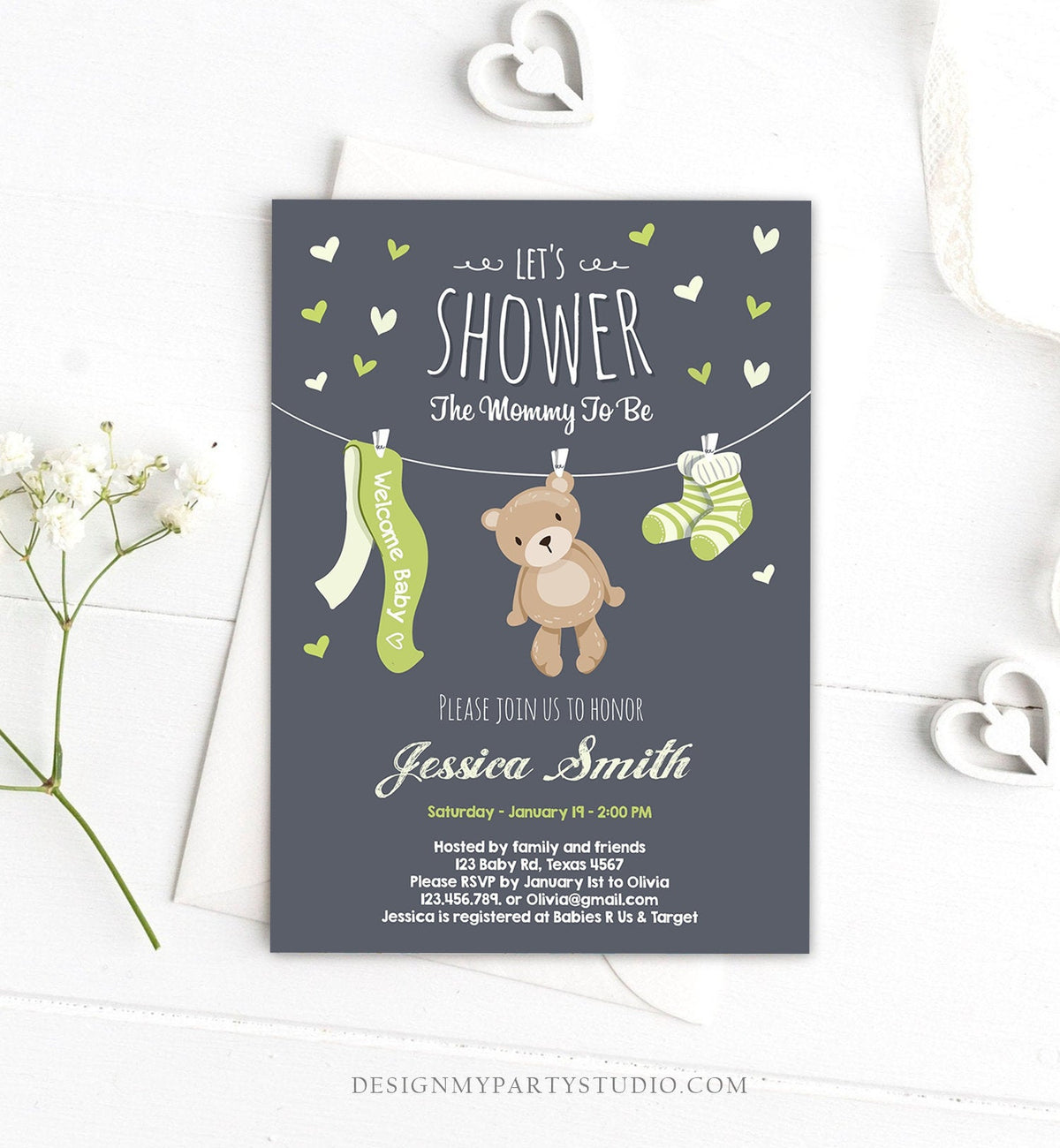 Editable Baby Shower Invitation Teddy Bear Cute baby Boy Blue Green Bear Little Cub Invitation Template Instant Download Digital Corjl 0025