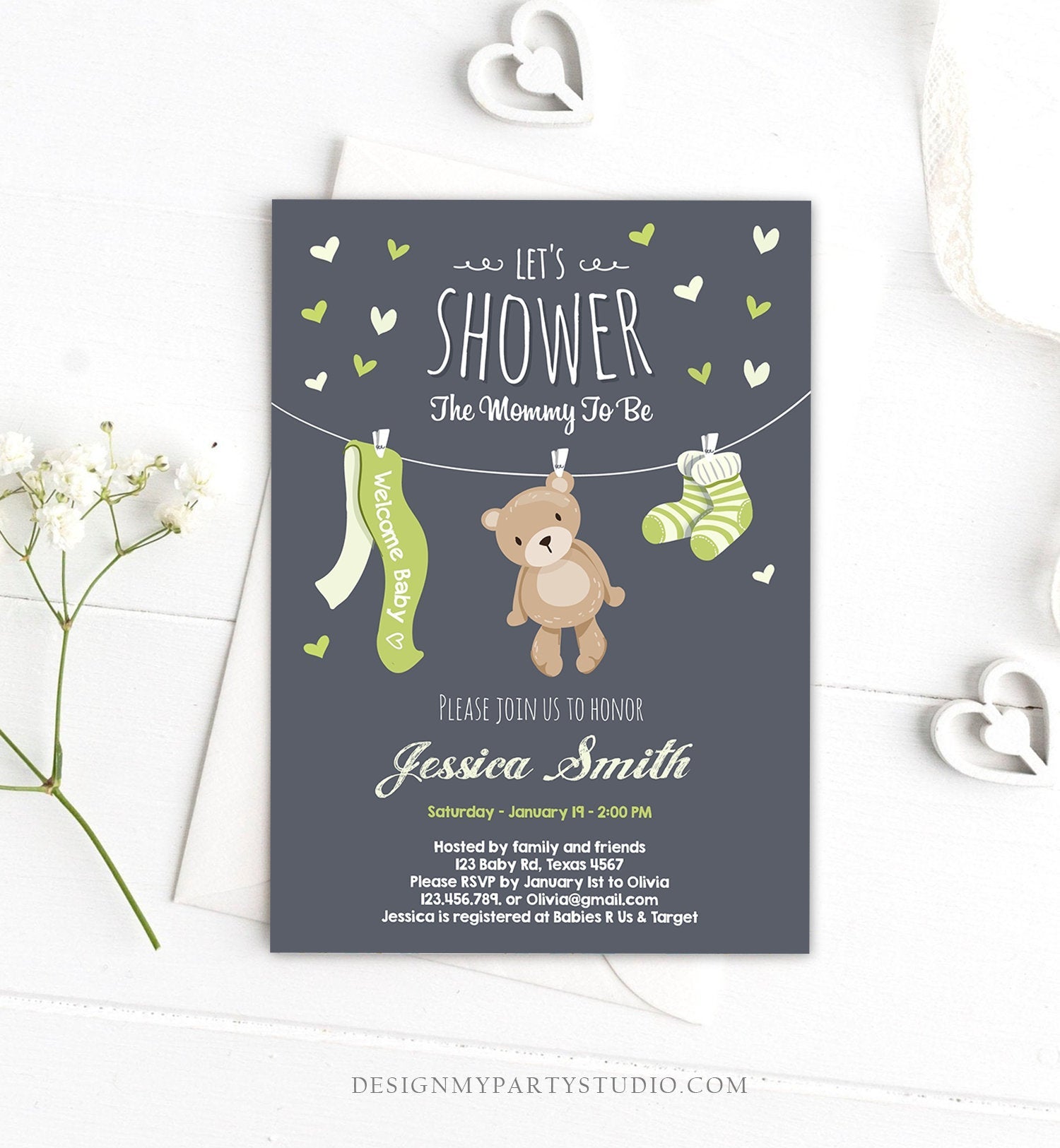 Editable Baby Shower Invitation Teddy Bear Cute baby Boy Blue Green Bear Little Cub Invitation Template Instant Download Digital Corjl 0025