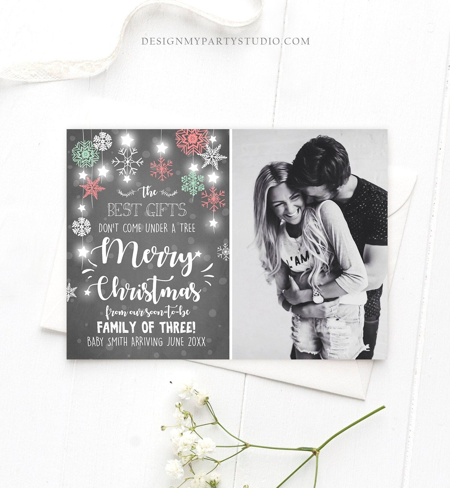 Editable Christmas Pregnancy Announcement Merry Christmas Pregnancy Reveal Photo Family of Three Printable Invitation Template Corjl