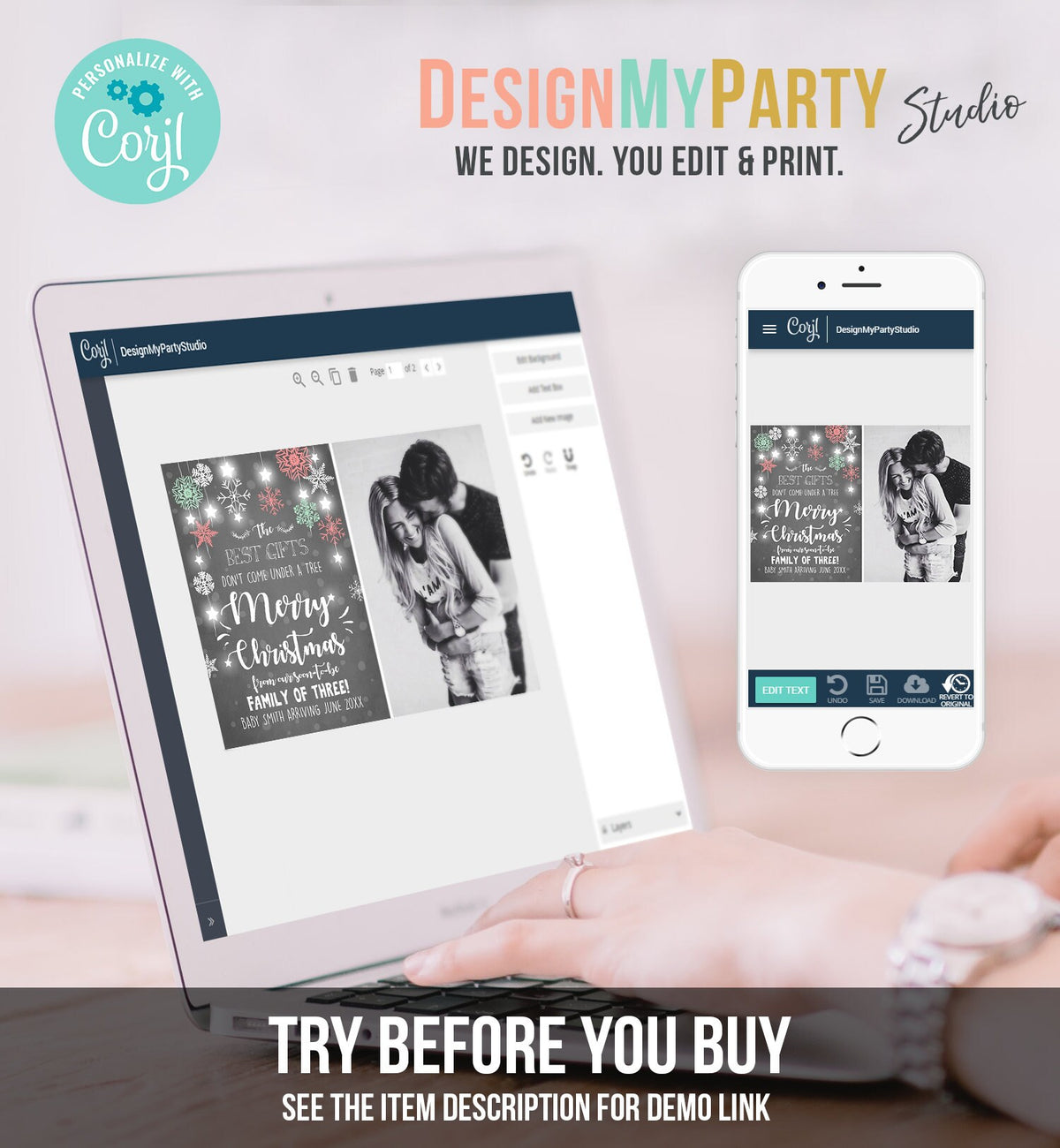 Editable Christmas Pregnancy Announcement Merry Christmas Pregnancy Reveal Photo Family of Three Printable Invitation Template Corjl