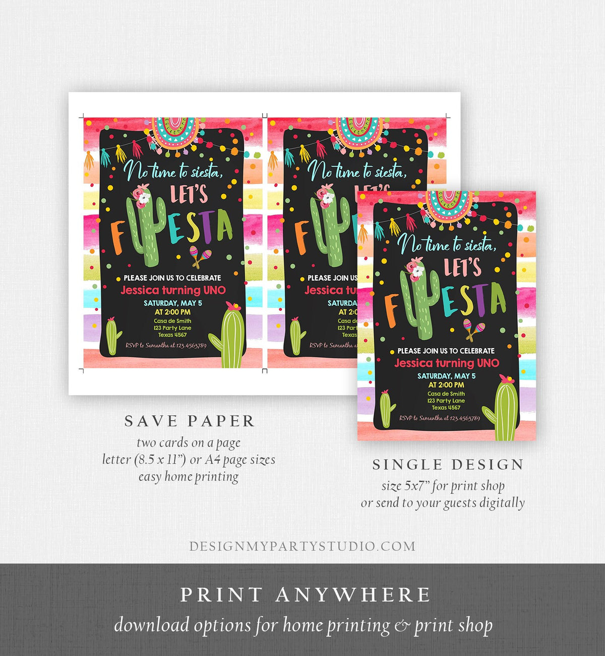 Editable Let&#39;s Fiesta Birthday Invitation Cactus Succulent First Birthday Party Girl 1st Mexican Uno Download Corjl Template Printable 0134