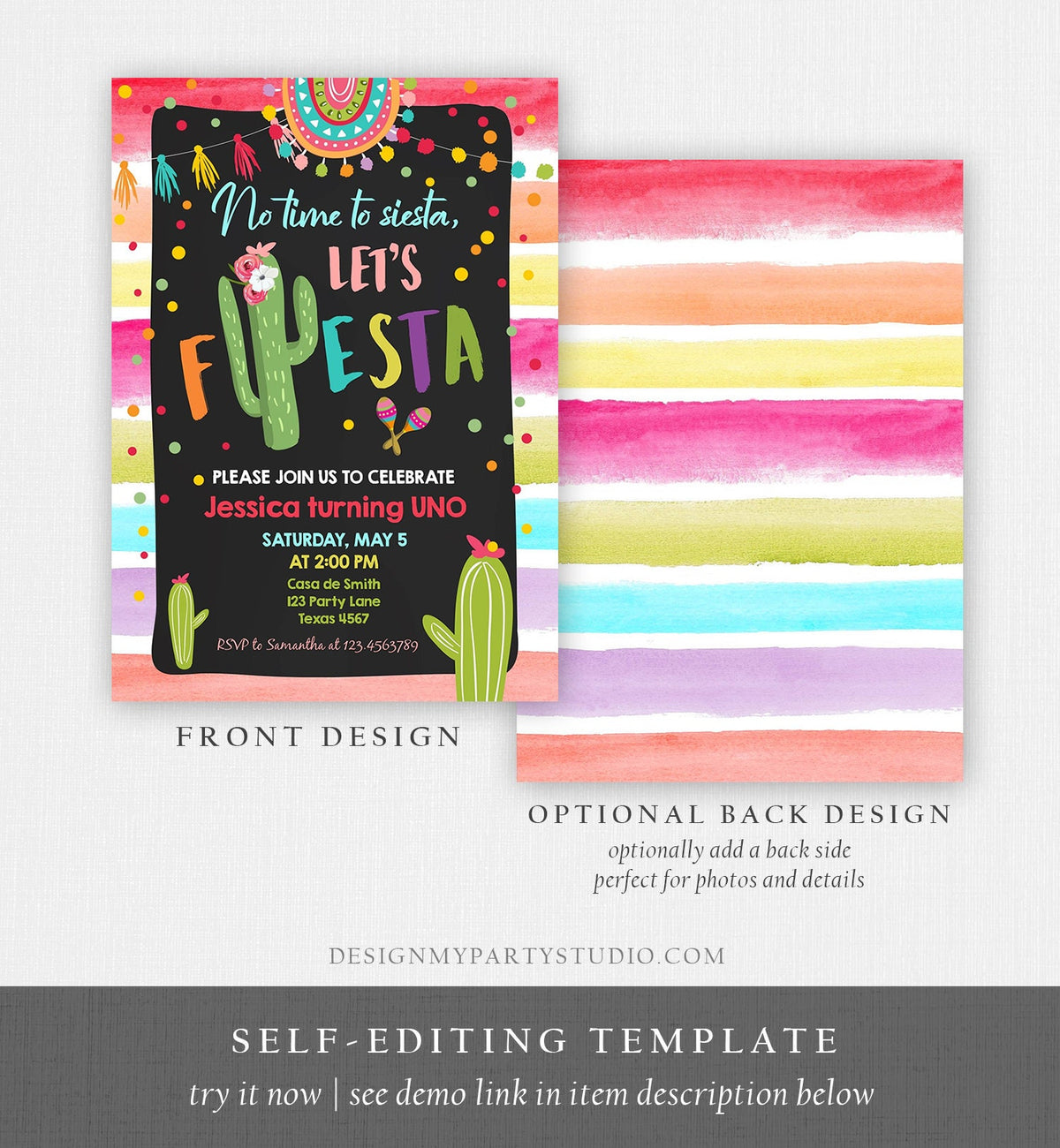 Editable Let&#39;s Fiesta Birthday Invitation Cactus Succulent First Birthday Party Girl 1st Mexican Uno Download Corjl Template Printable 0134