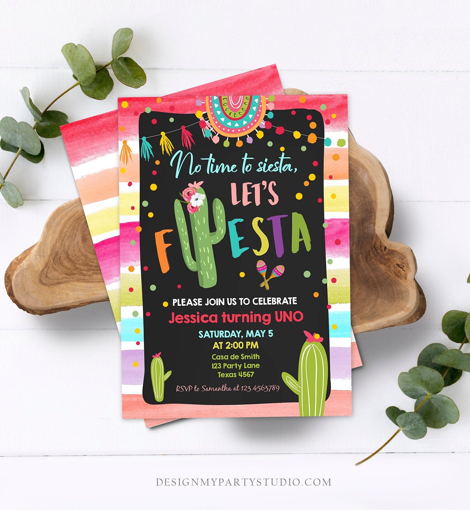 Editable Let's Fiesta Birthday Invitation Cactus Succulent First Birthday Party Girl 1st Mexican Uno Download Corjl Template Printable 0134