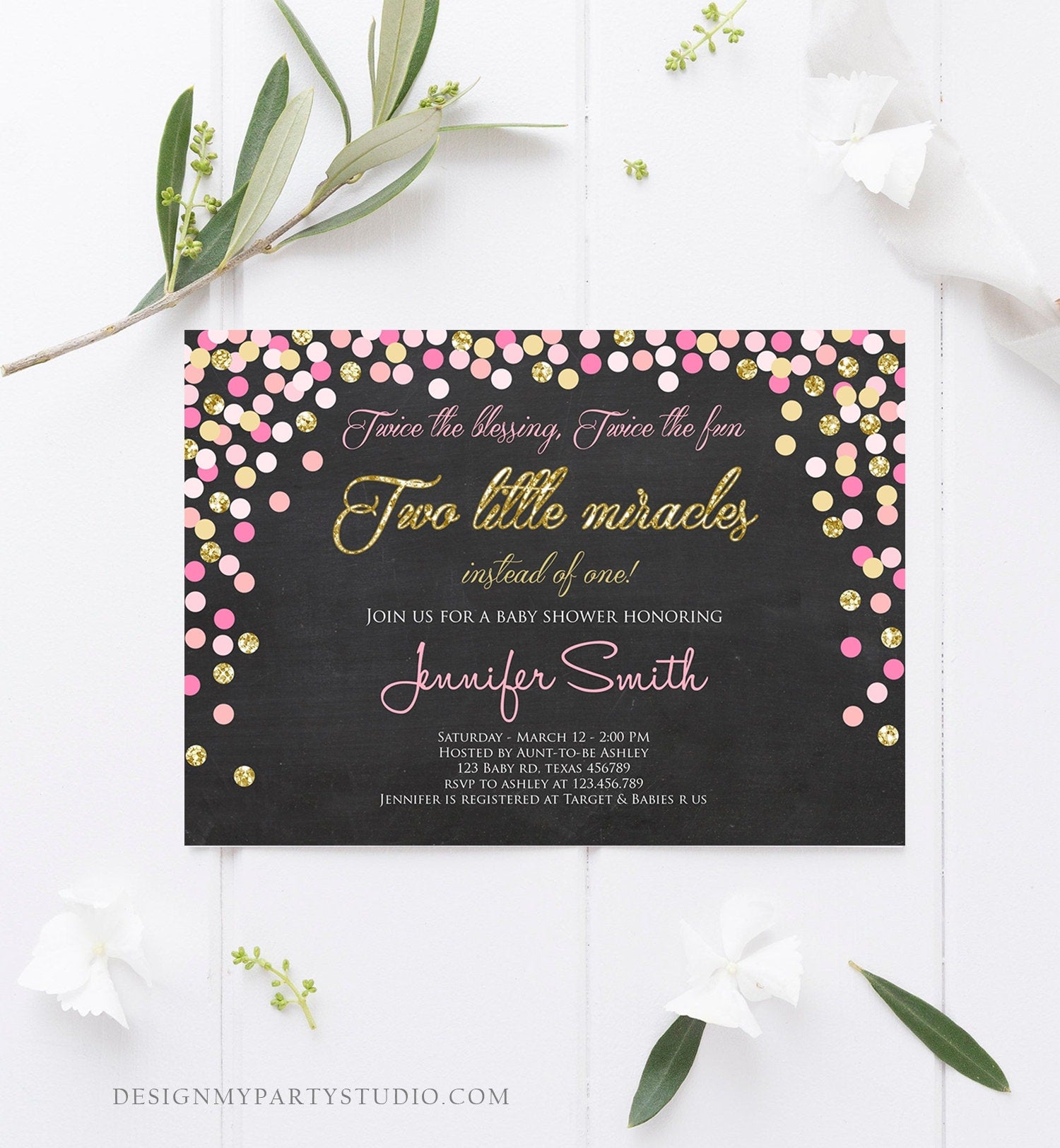 Editable Twin Girls Baby Shower Invitation Twin Girls Blush Pink and Blue Gold Confetti Boy Girl Shower Invite Template Download Corjl 0133