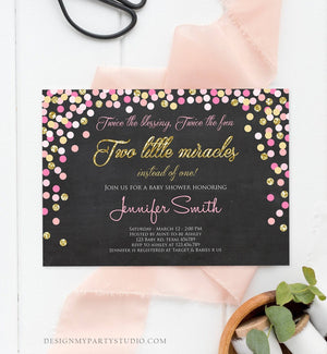 Editable Twin Girls Baby Shower Invitation Twin Girls Blush Pink and Blue Gold Confetti Boy Girl Shower Invite Template Download Corjl 0133