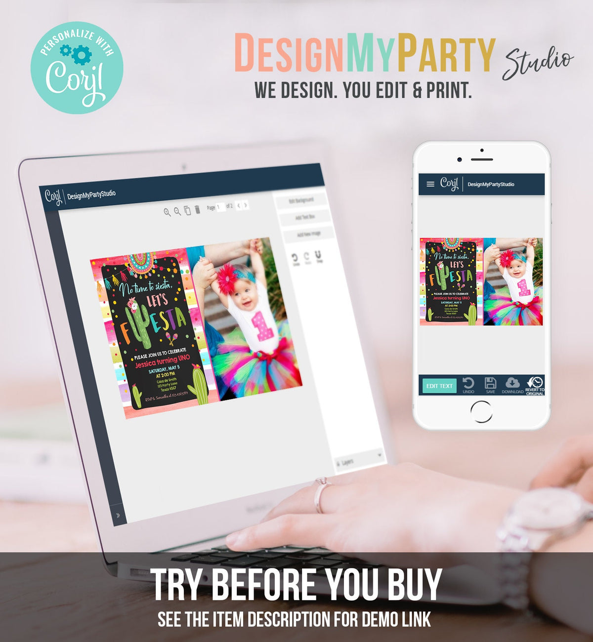 Editable Let&#39;s Fiesta Birthday Invitation Cactus Succulent First Birthday Party Girl 1st Mexican Uno Download Corjl Template Printable 0134