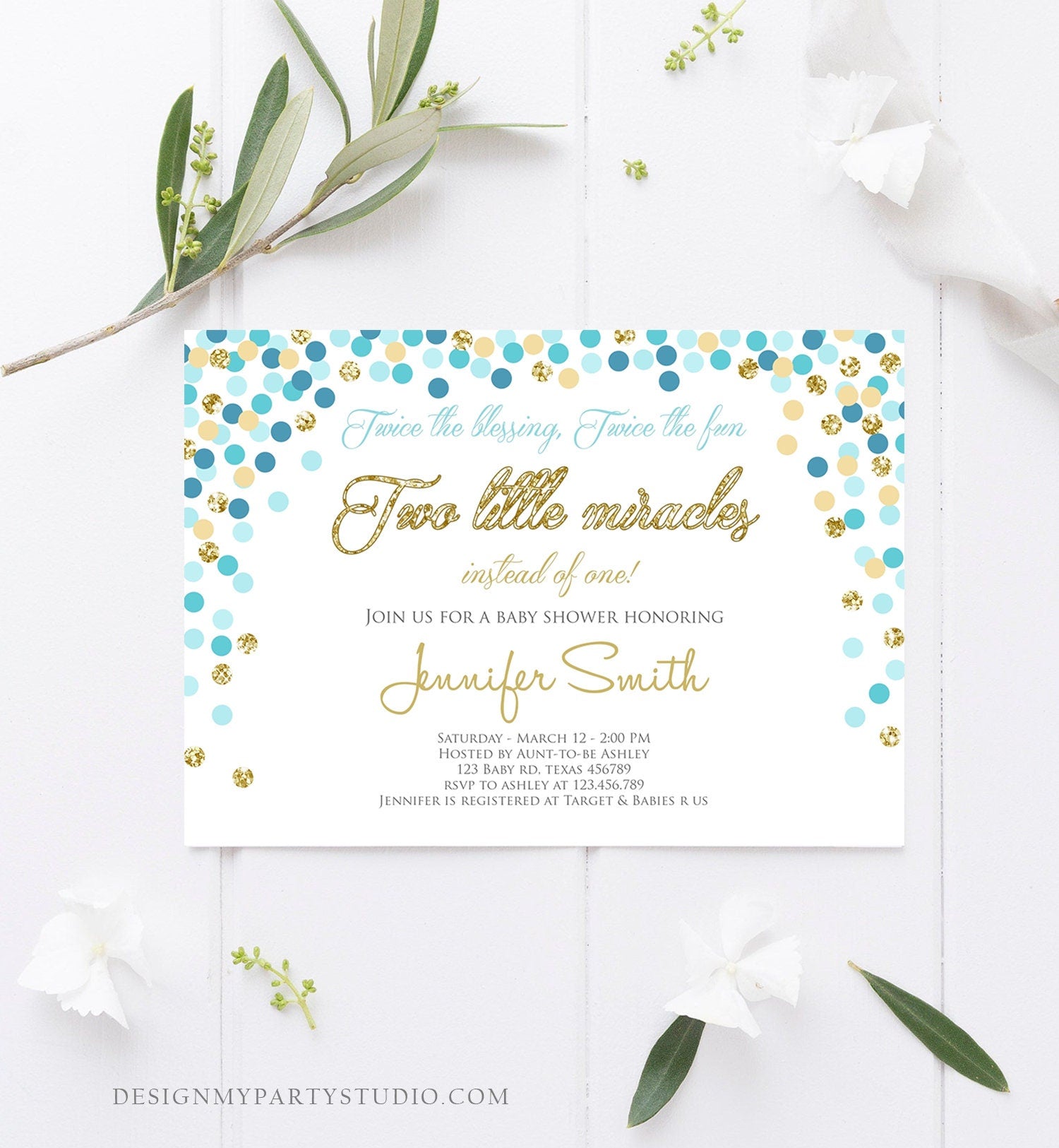 Editable Twin Baby Shower Invitation Boys Twin Boys Baby Blue and Gold Glitter Confetti Boy Baby Shower Invite Template Download Corjl 0133