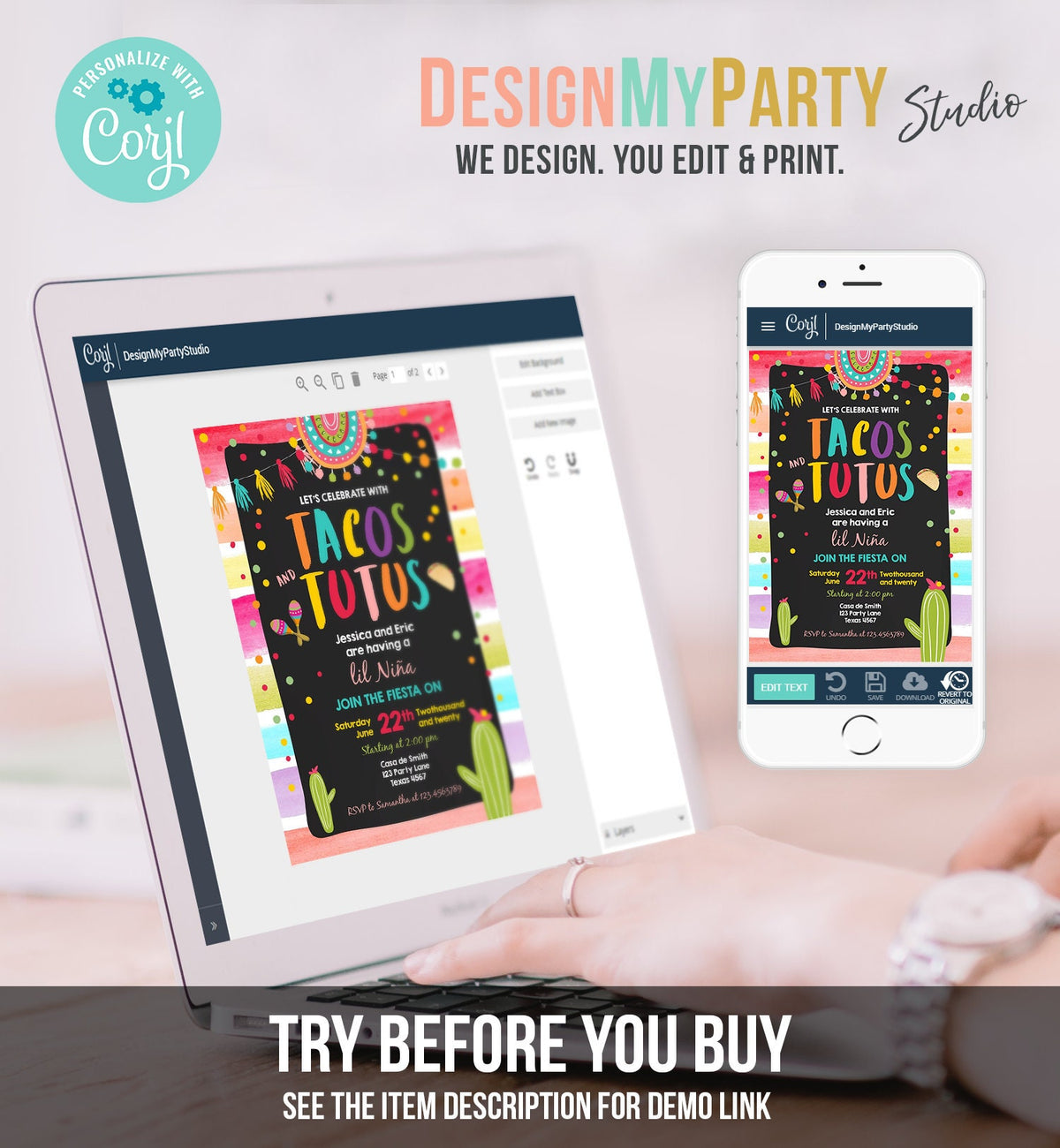 Editable Fiesta Tacos and Tutus Baby Shower Invitation Cactus Mexican Fiesta Couples Shower Taco Sprinkle Corjl Template Printable 0134