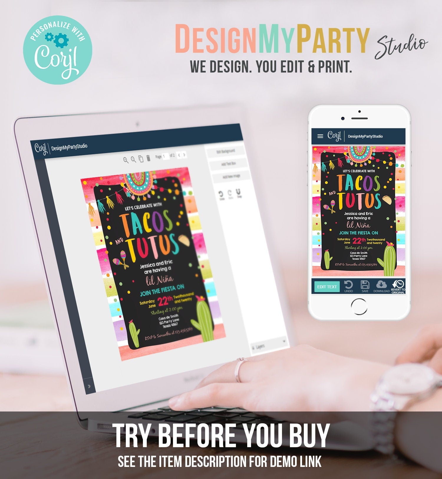 Editable Fiesta Tacos and Tutus Baby Shower Invitation Cactus Mexican Fiesta Couples Shower Taco Sprinkle Corjl Template Printable 0134