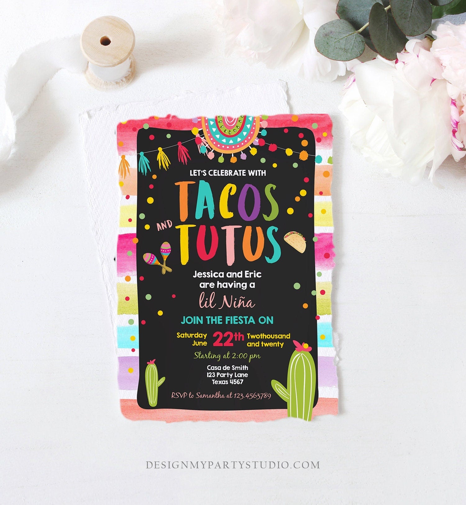 Editable Fiesta Tacos and Tutus Baby Shower Invitation Cactus Mexican Fiesta Couples Shower Taco Sprinkle Corjl Template Printable 0134