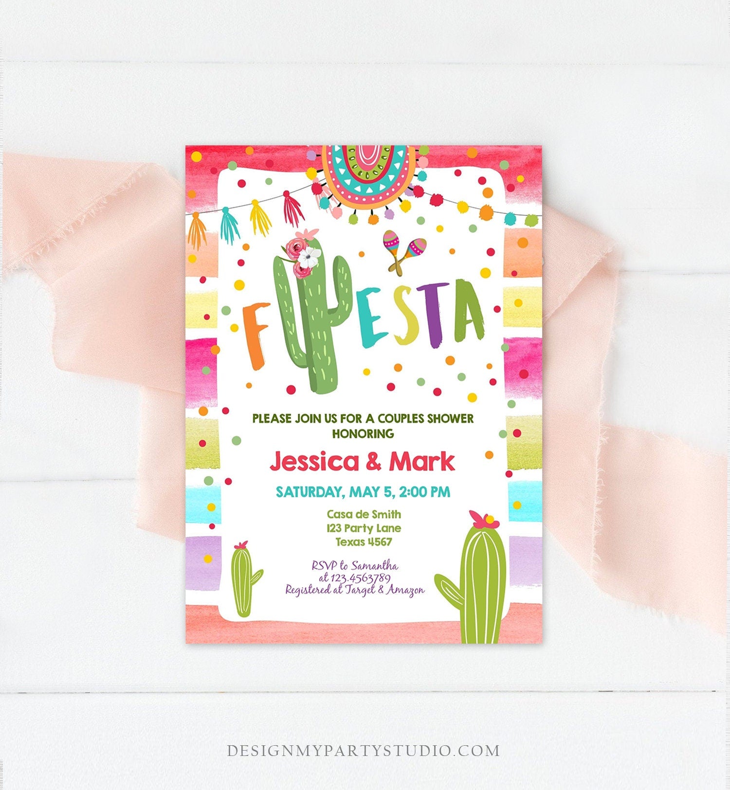 Editable Fiesta Bridal Shower Invitation Cactus Mexican Fiesta Couples Coed Shower Taco Bout Love a Wedding Corjl Template Printable 0134