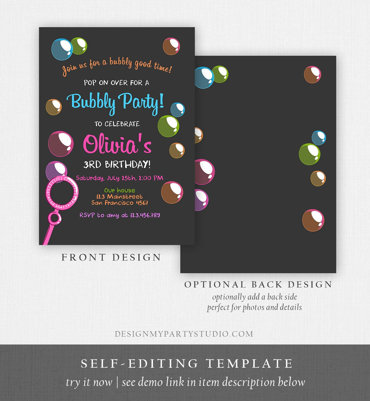 Editable Bubble Birthday Invitation Bubbles Birthday Party Invite Pop Girl Pink Purple Summer Download Printable Template Corjl Digital 0035