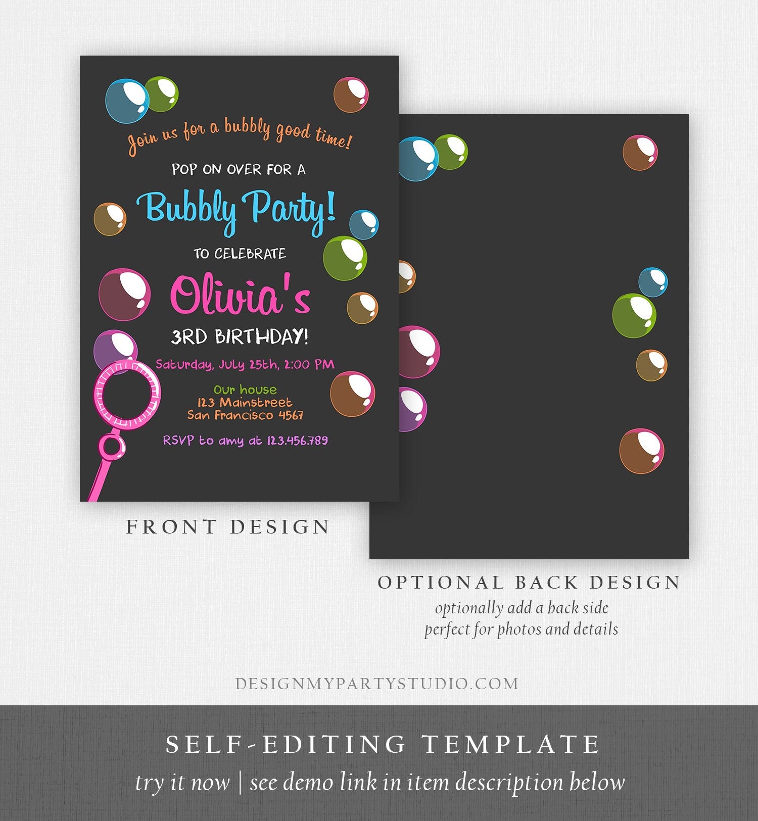 Editable Bubble Birthday Invitation Bubbles Birthday Party Invite Pop Girl Pink Purple Summer Download Printable Template Corjl Digital 0035